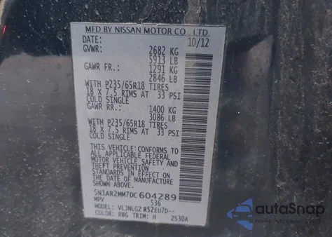 2013 Nissan Pathfinder Sl z USA, uszkodzony, nr VIN 5N1AR2MM7DC604289